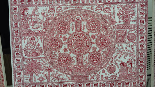 Intricate Kohbar Mithila Painting – Traditional Red & White Art