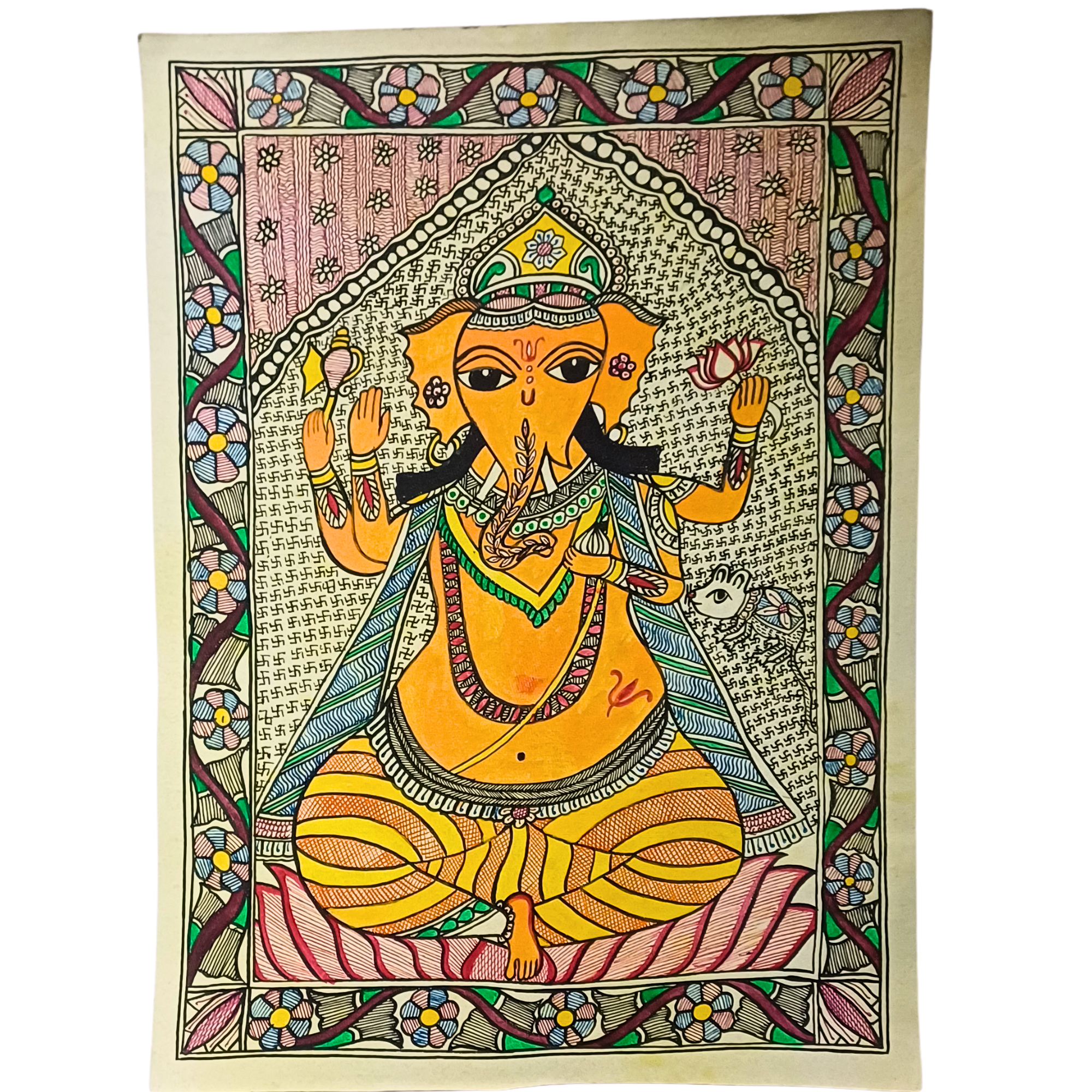 Authentic Madhubani Ganesha Painting – Handmade Mithila Folk Art Wall Decor from Bihar