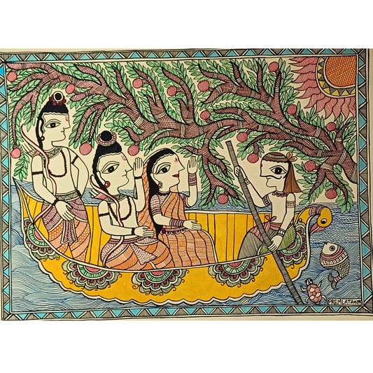 Hand-Painted Madhubani Ram, Sita & Laxman Banwas Yatra Painting